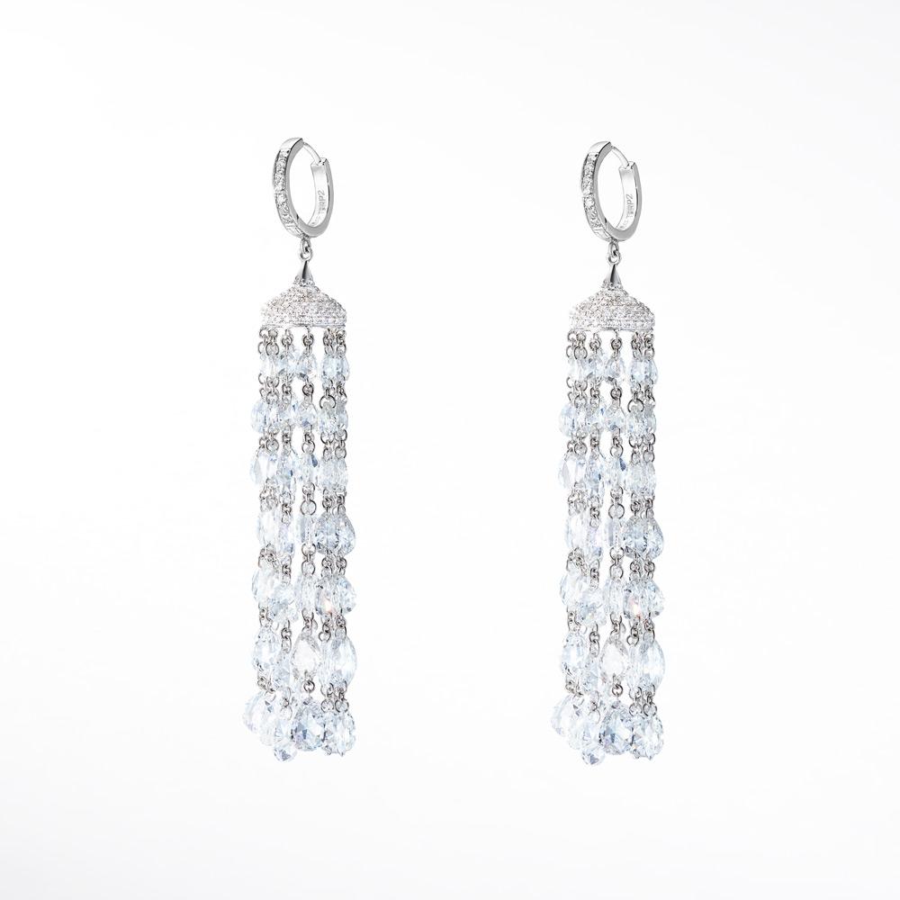 Image of Ethereal Diamond Tassel Earrings. Round Rose Cut Diamonds, individually hand-drilled and bound together with platinum claps. Pave Diamond roof and ear clasp.